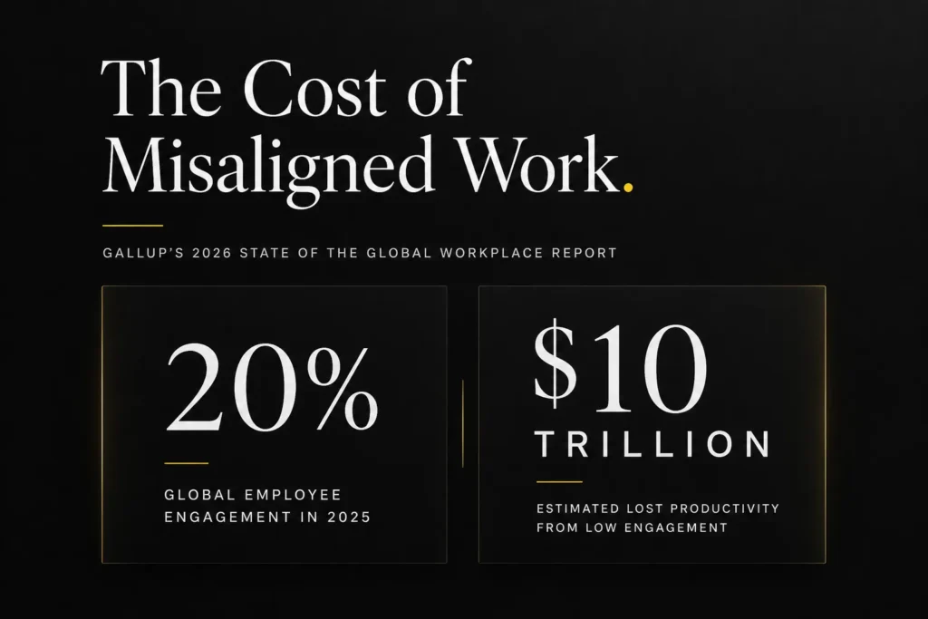 Dark infographic with the title 'The Cost of Misaligned Work.' Left panel shows '20%' and caption 'Global employee engagement in 2025'; right panel shows '$10 Trillion' with 'Estimated lost productivity from low engagement'