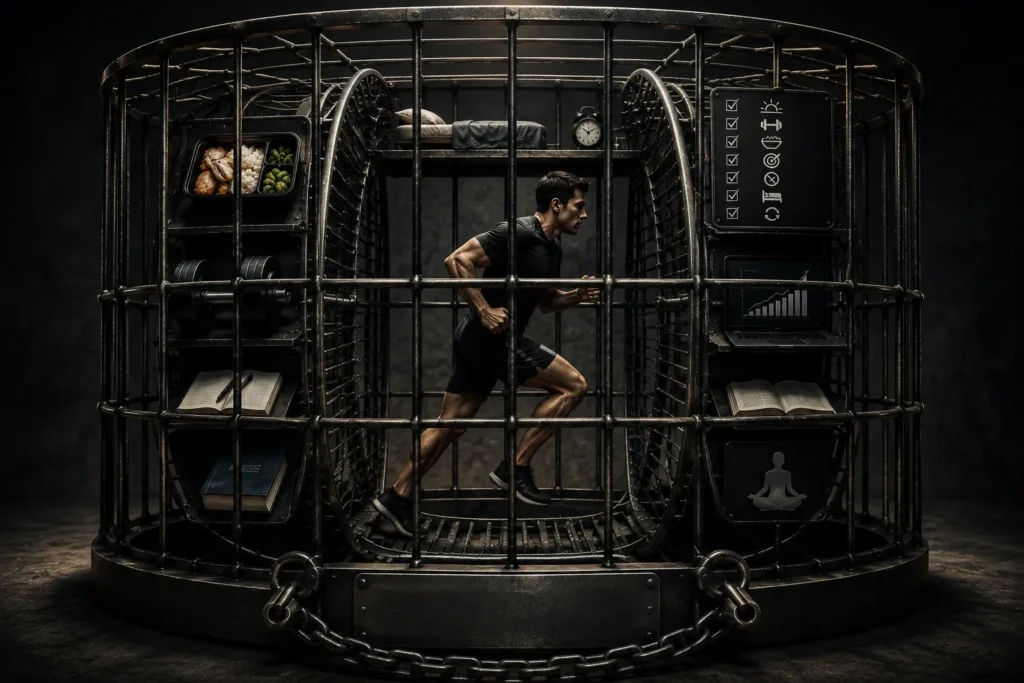 A man runs inside a circular iron cage filled with gym gear, shelves of books and food, and a laptop showing charts.