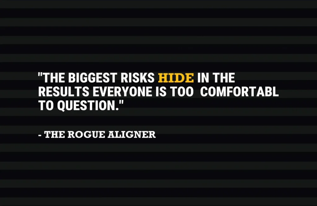Quote: 'The biggest risks hide in the results everyone is too comfortable to question' in bold white text on dark horizontal stripes background.